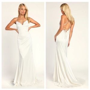 Lulus Fantasy Come True White Lace Satin Lace Up Maxi Dress